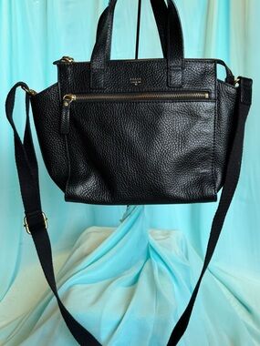 FOSSIL Tessa Leather Satchel Black Purse Bag Handbag Pebbled Zipper Genuine